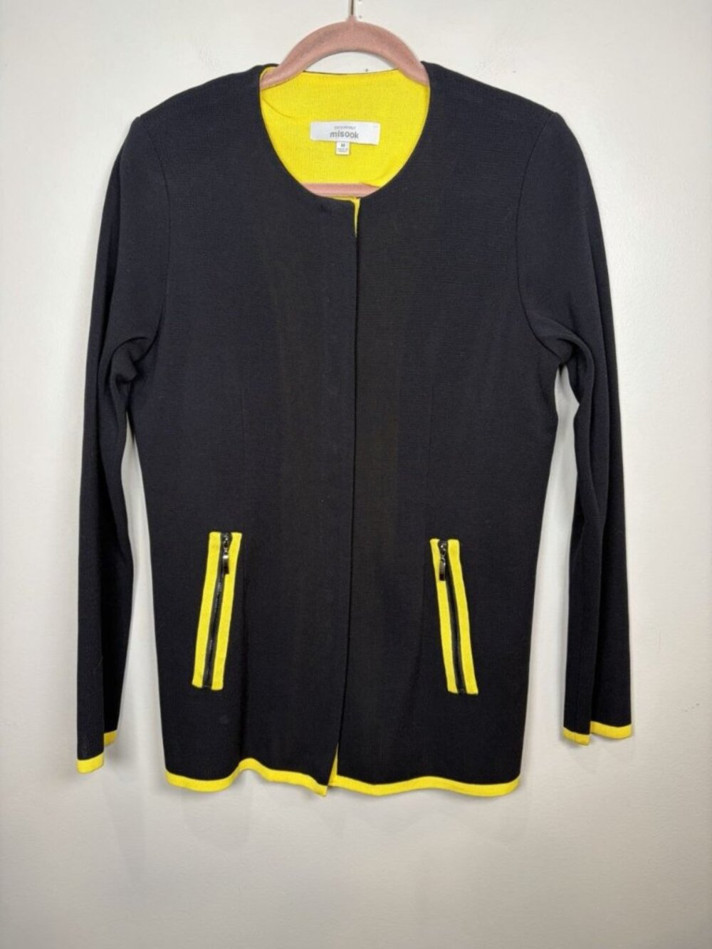 Misook Zip Cardigan Sweater Women’s Size Medium Black Yellow